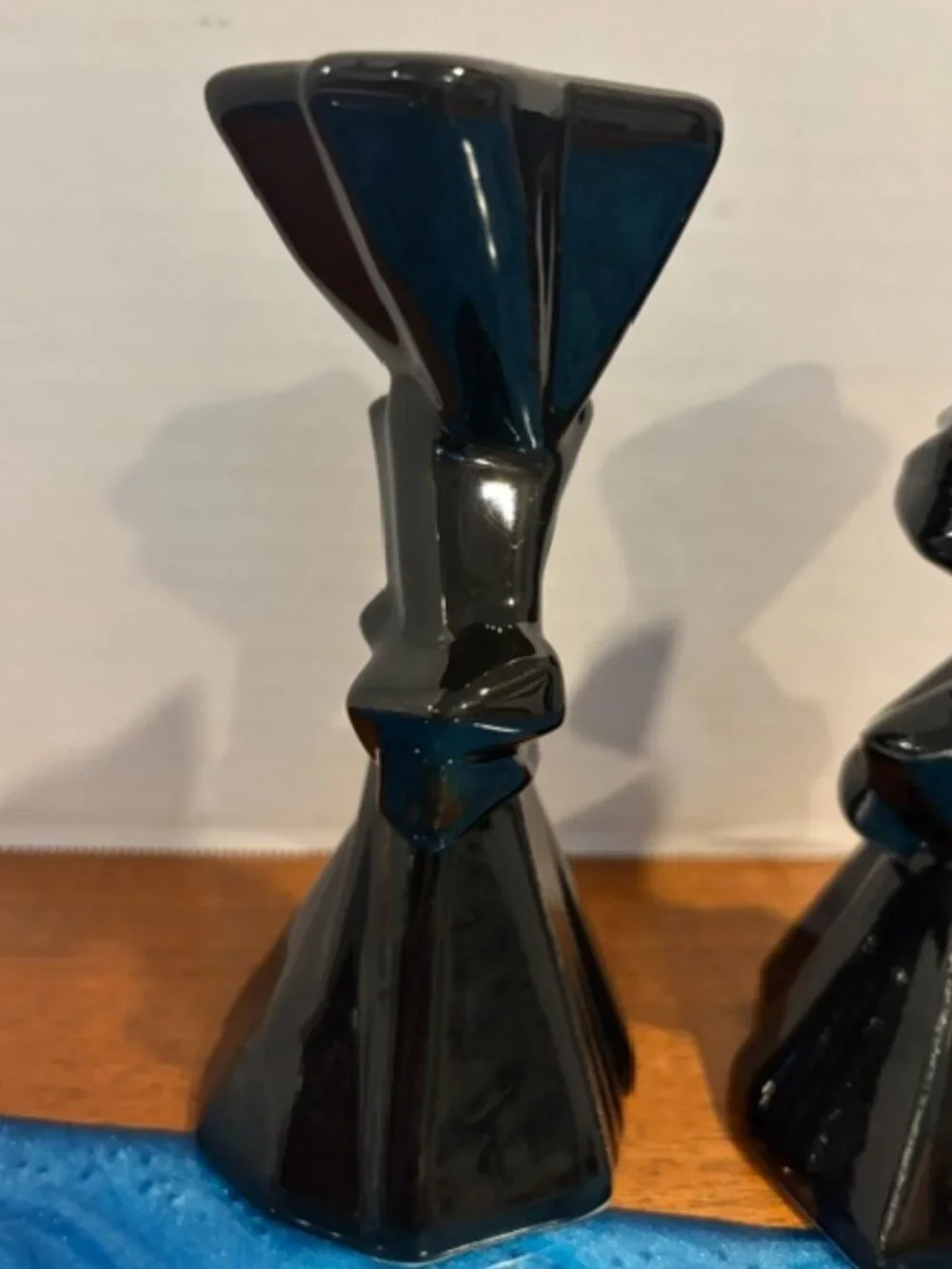 Pair of Black Art Deco Geometric Ceramic Candlestick Holders
